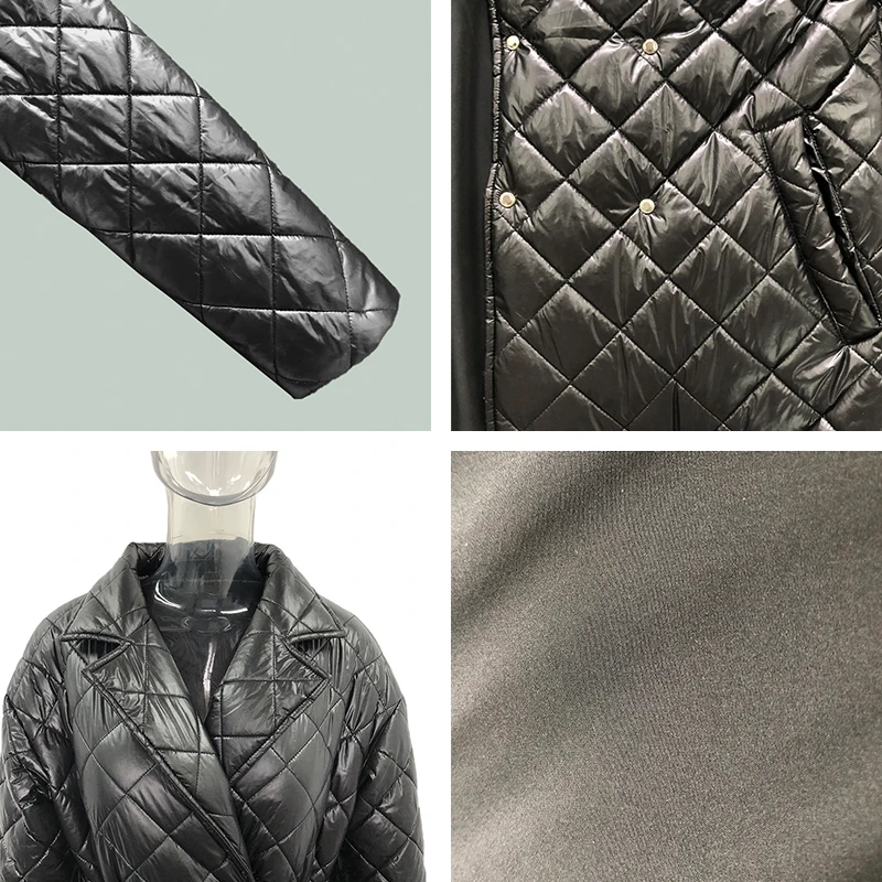 

CP Turn Down Collar Light Thin Parkas Women Vogue Tie Belt Argyle Coats Women Elegant Long Solid Cotton Jacket Female Ladies