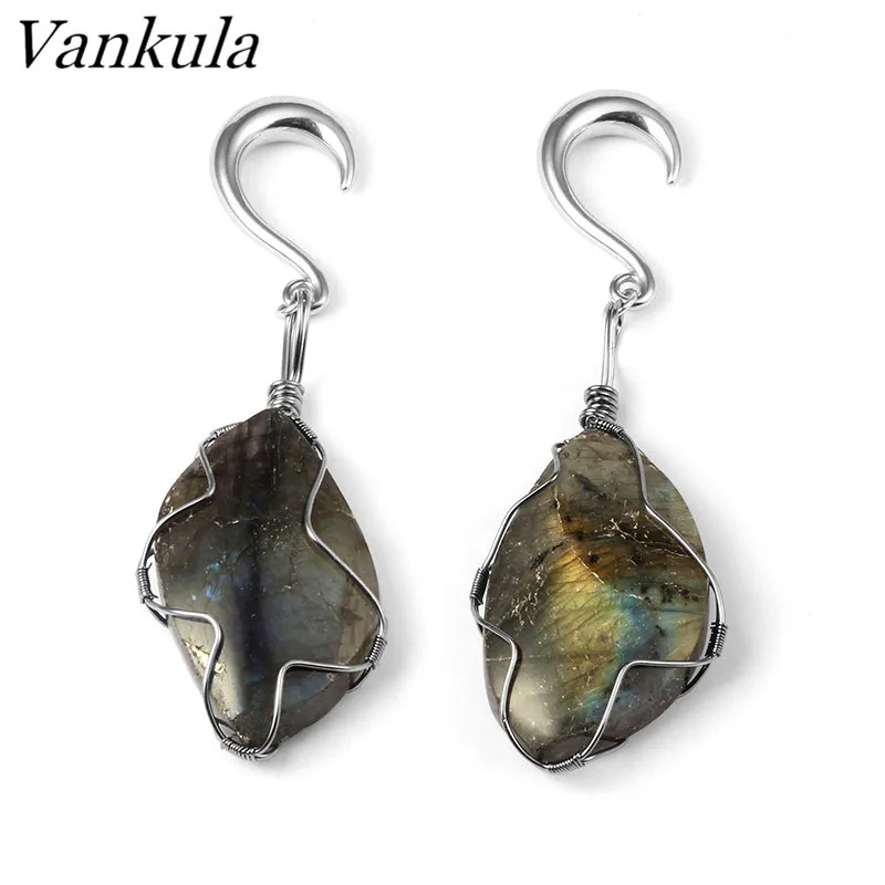 Vankula 316L Stainless Steel Ear Plug Tunnels Body Piercing Ear Gauges Expander Natural Stone Ear Weights Pair Selling