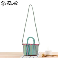 yoreai 2 color women durable weave beach bag woven bucket bag casual tote handbags popular receive straw plastic braided basket