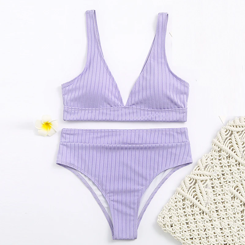 

swimwear women sexy Bikinis High Waist Swimwear Women's Swimsuits Push Up Biquini Ribbed Bathing Suits Black V-Neck Bikini Set