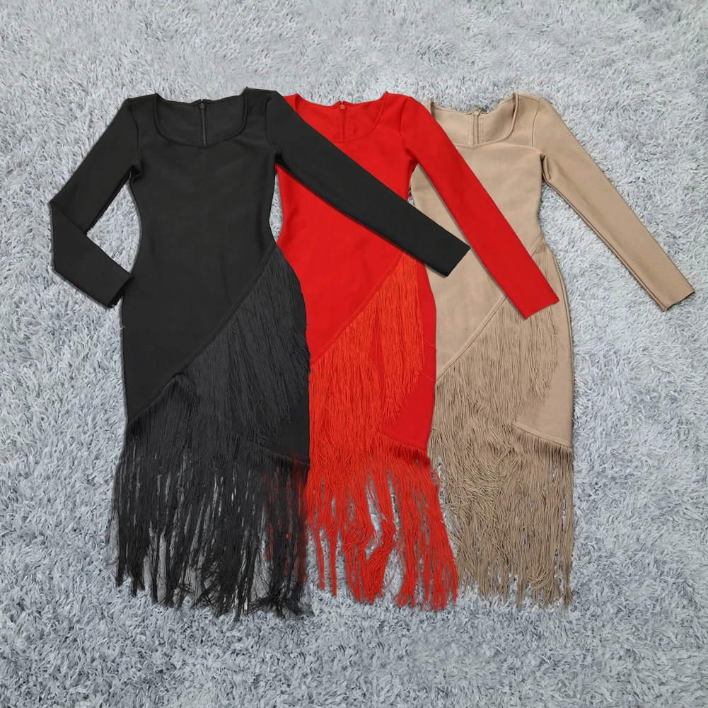 Женское Бандажное платье с длинным рукавом, красное, черное или коричневое винтажное облегающее платье с кисточками, в стиле звезд, для вече... от AliExpress RU&CIS NEW