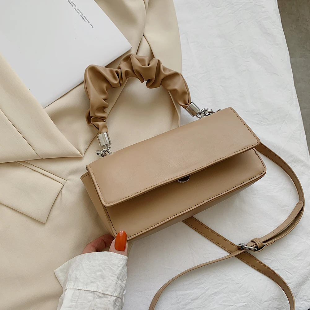 

Women Fashion Small Solid Color Handbag Designer PU Leather Pleated Shoulder Bags Ladies Solid Flap Crossbody Bags