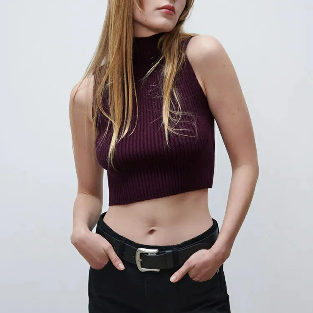 

Za Women 2022 New Fashion Rib Knitted Vest Sweater Vintage Sleeveless High collar Female Waistcoat Chic Tops