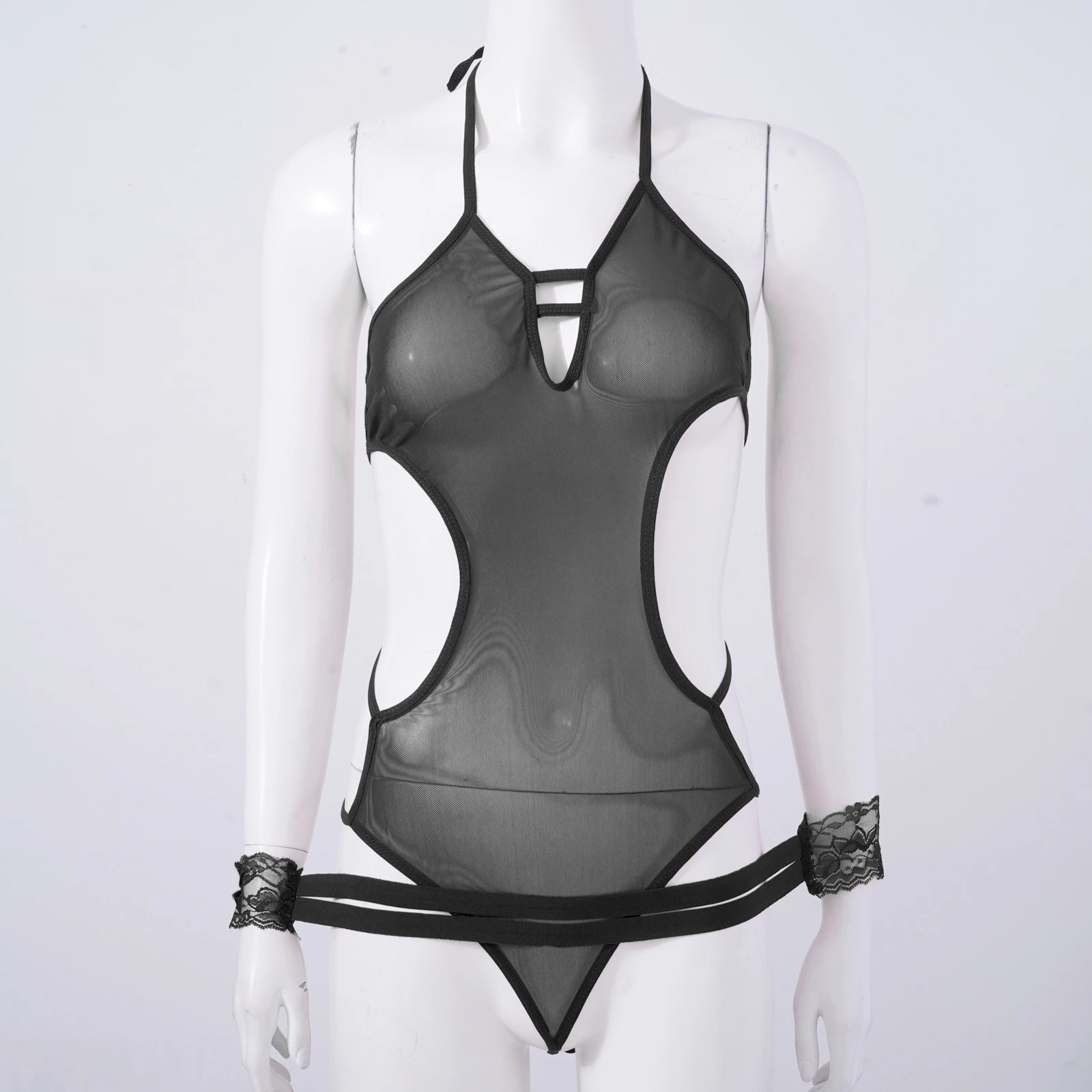 

Сексуальное женское прозрачное Сетчатое трико с вырезом, бретелькой через шею, открытой спиной и кружевными манжетами