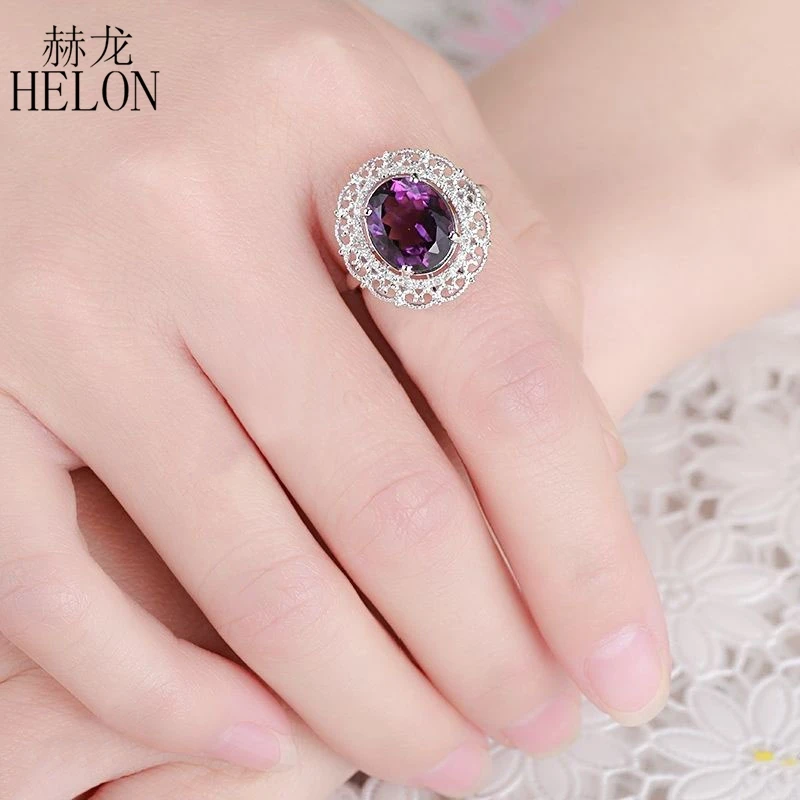 

HELON Solid 10K White Gold Flawless Oval 11x9mm Genuine Amethyst Diamonds Engagement Wedding Ring Women Filigree Trendy Jewelry