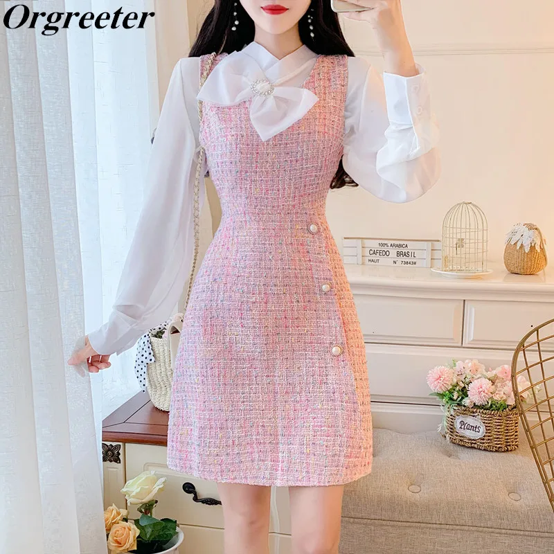 Sweet Pink Tweed Dress 2 Piece Set Female Diamonds Bow White Shirt + Single Breasted Plaid Woolen Zipper Vest Overall Dress Suit