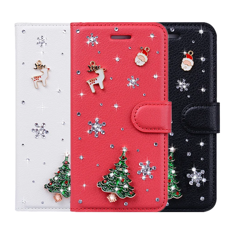 

Santa Shiny Christmas Gift Trees Luxury Flip Leather Phone Case For Huawei P30 Lite P30Lite Reindeer Snowflake Wallet Cover