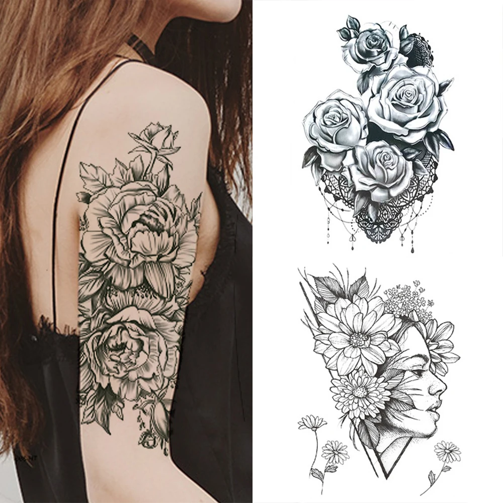 

2PCS Fashion Women Girl Temporary Tattoo Sticker Black Roses Design Full Flower Arm Body Art Big Large Fake Tattoo Sticker