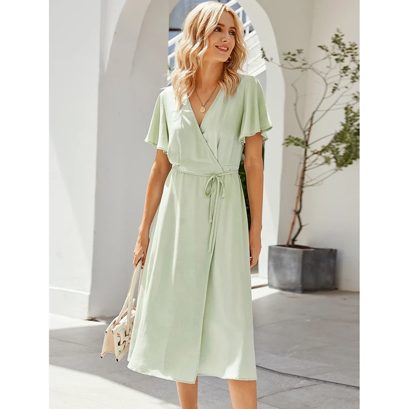 

Женское модное однотонное платье с V-образным вырезом в праздничном стиле, повседневное зеленое платье на шнуровке