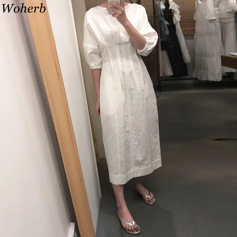 Woherb корейское белое ретро платье женские повседневные плиссированные длинные