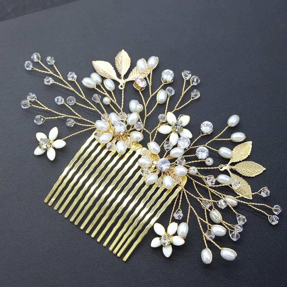 Золотая свадебная расческа для волос сделанное вручную из жемчуга и кристаллов
