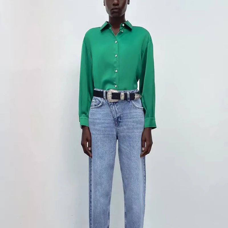 

Spring and autumn women's casual solid color lapel long-sleeved shirt