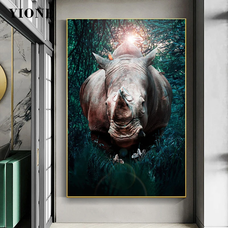 

Modern Wild Rhino Canvas Painting Custom Art African Forest Animal Wall Poster Print Home Decoration Picture for Living Room