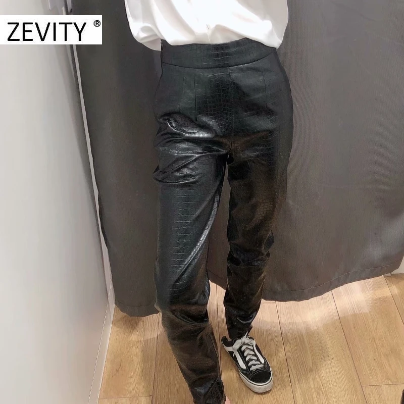 ZEVITY Women fashion snake skin pattern PU leather pencil pants female zipper casual slim long Trousers chic autumn P938 | Женская