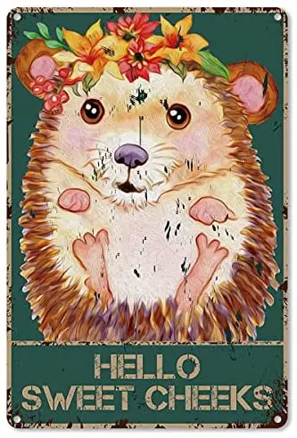 

Funny Bathroom Quote Metal Tin Sign Wall Decor - Vintage Hello Sweet Cheeks Hedgehog with Flowers Tin Sign for Toilet Bathroom