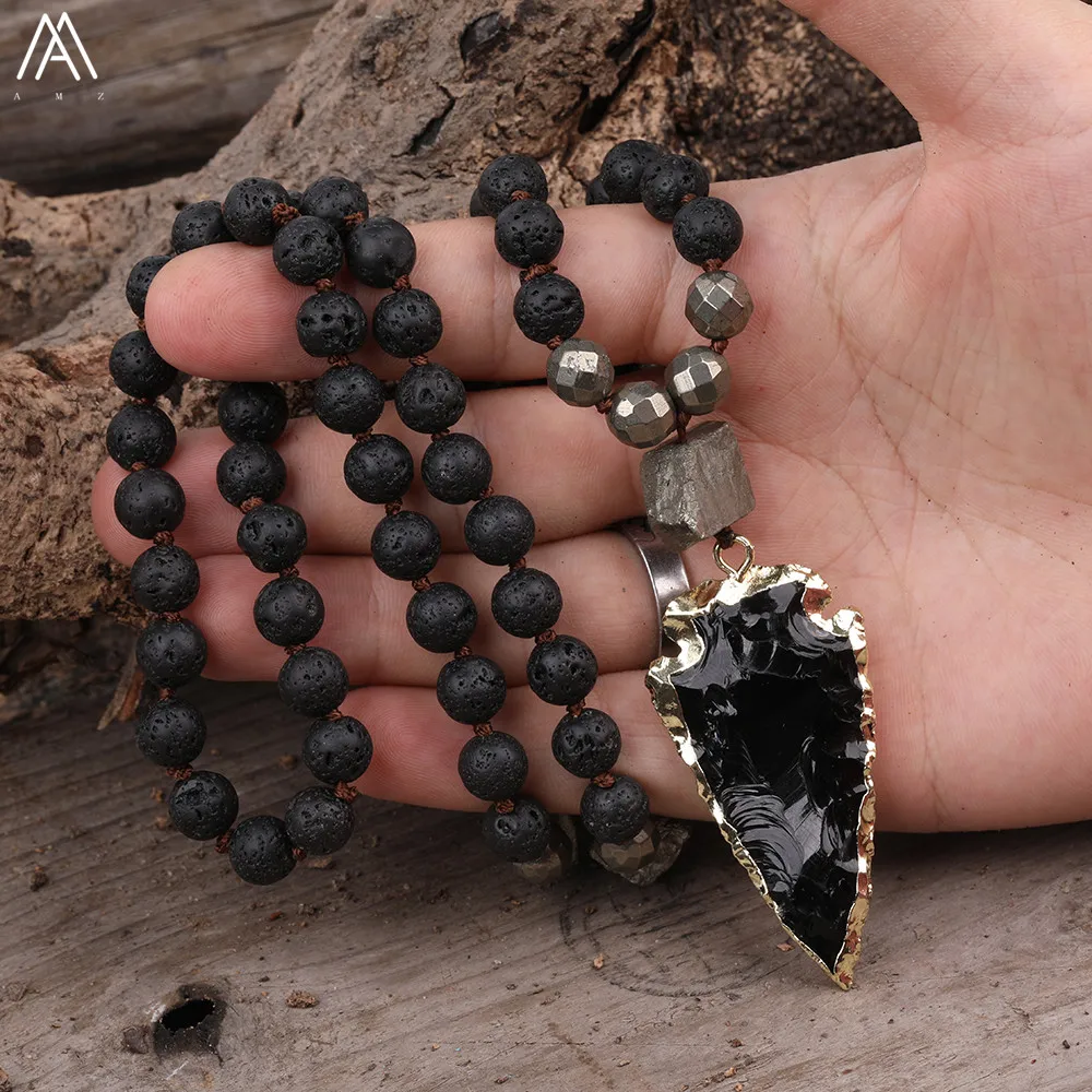 

Natural Black Tourmaline Arrowhead Pendant 8mm Black Lava Iron Pyrite Round Beads Knotted Handmade Necklace 32 Inch Long