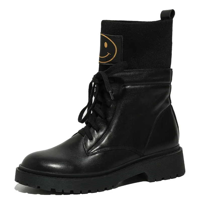 

New Autumn Winter Leather Original Smiley Matin Boots Handsome Splicing Thick Bottom Lace-Up Casual Women Shoes Botas Feminina
