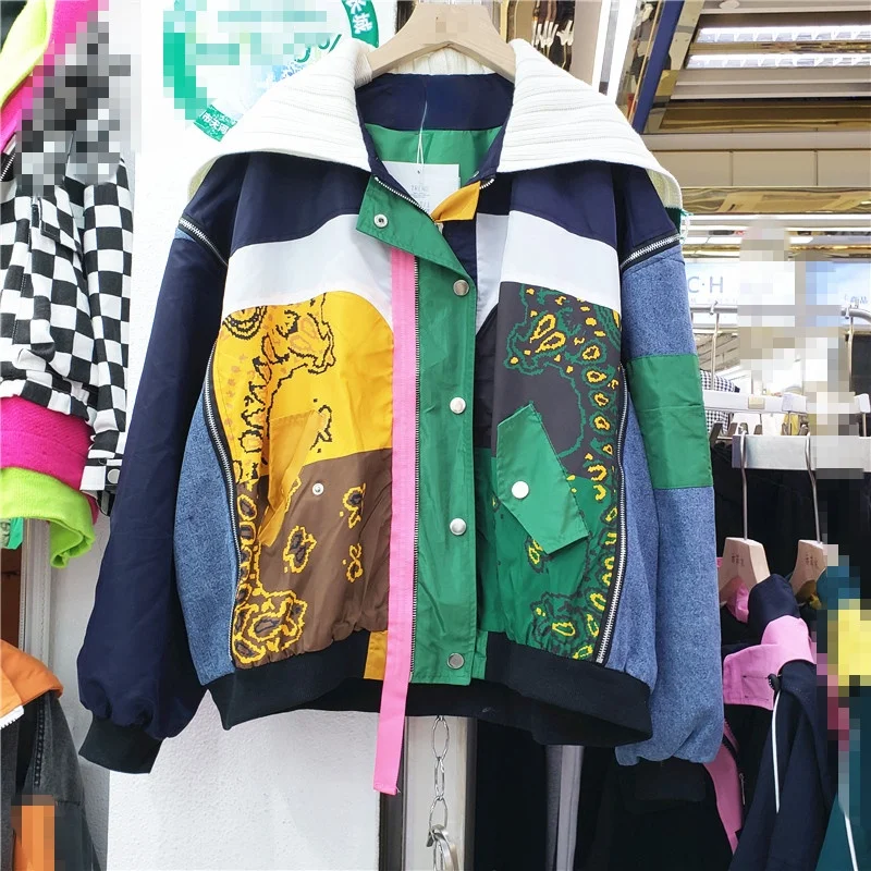 

Harajuku Jacket Women 2021 Autumn New Knitted Square Collar Loose Multicolor Coat Casual Short Street Outwears Femme