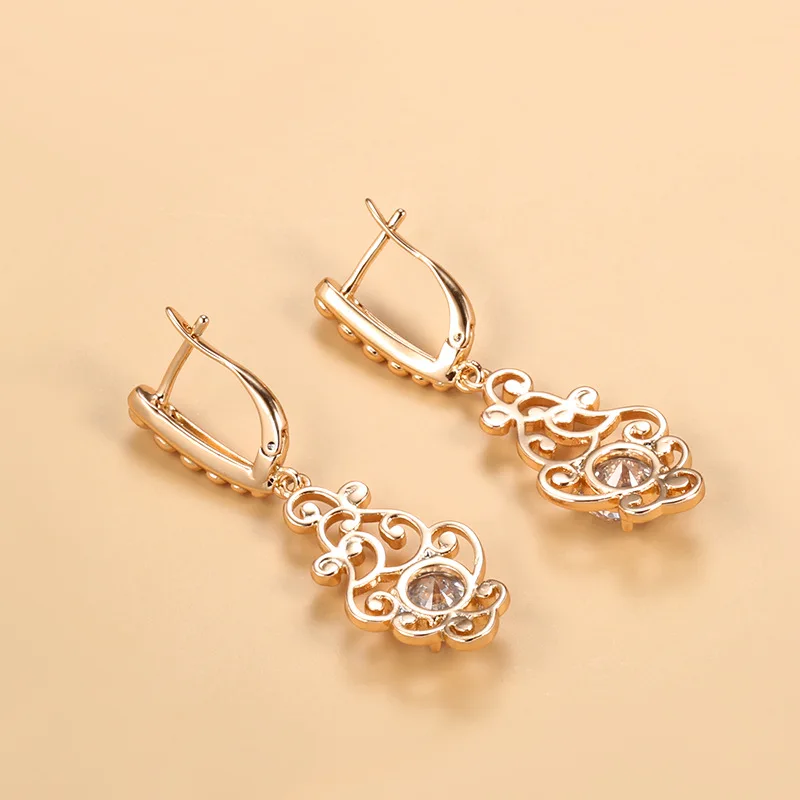 

Gulkina 2021 Fashion 585 Rose Gold Long Earrings Ethnic Hollow Flower Natural Zircon Dangle Earring Women Fine Jewelry Gift