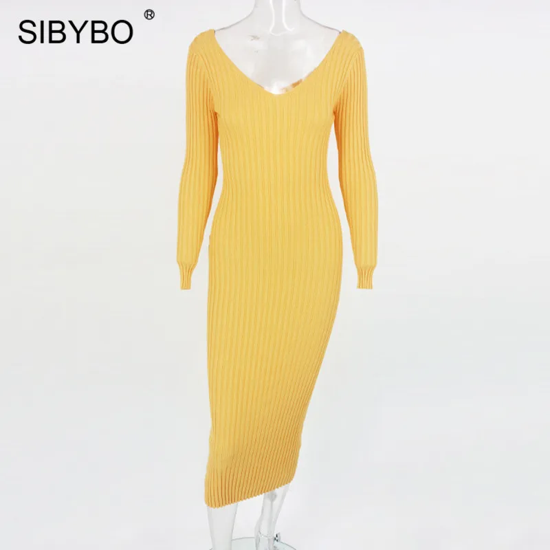 SIBYBO, зимнее трикотажное хлопковое платье в рубчик, женское сексуальное облегающее платье с открытыми плечами и длинным рукавом, однотонные вечерние платья с открытой спиной