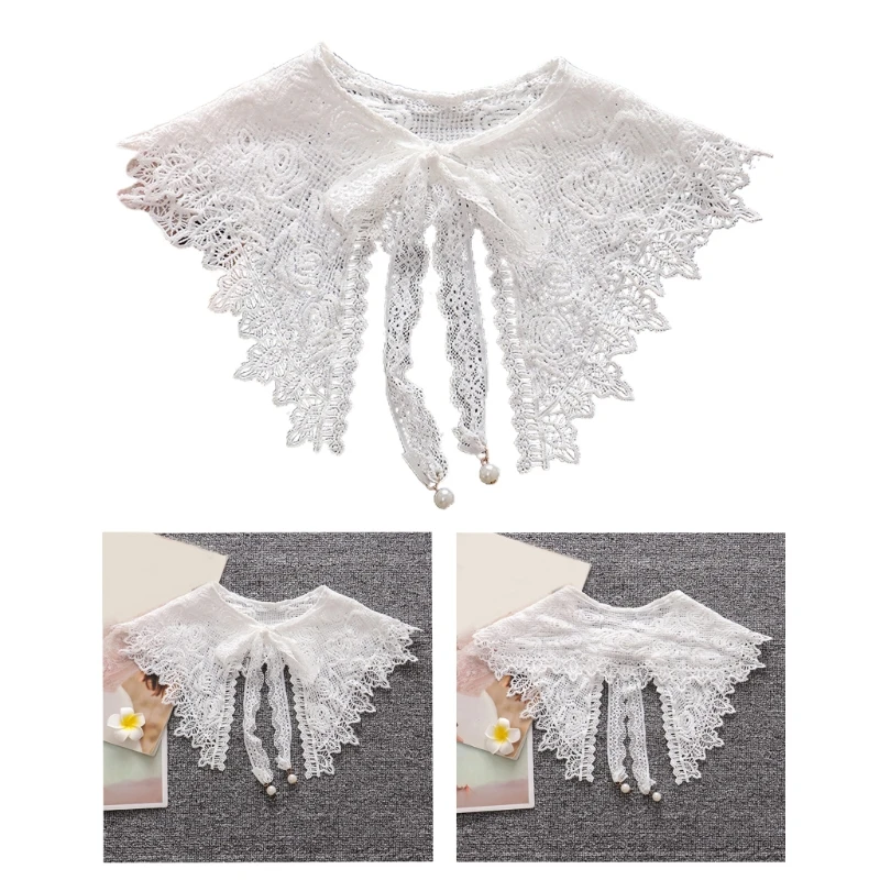 

Japanese Style Women White False Collar Shawl Sweet Hollow Out Embroidery Floral Lace Shoulder Wrap Faux Pearl Pendant Lace-Up