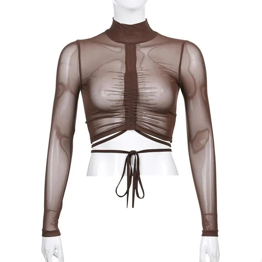 

Women Tops Half-high Collar Net Yarn Polyester Splicing Perspective Tops for Dating