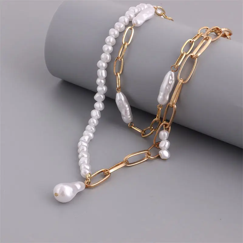 

Punk Pearl Thick Chain Multi Layered Metal Chains Choker Pearl Necklace 2021 for Women Baroque Vintage Irregular Pearl ​Necklace