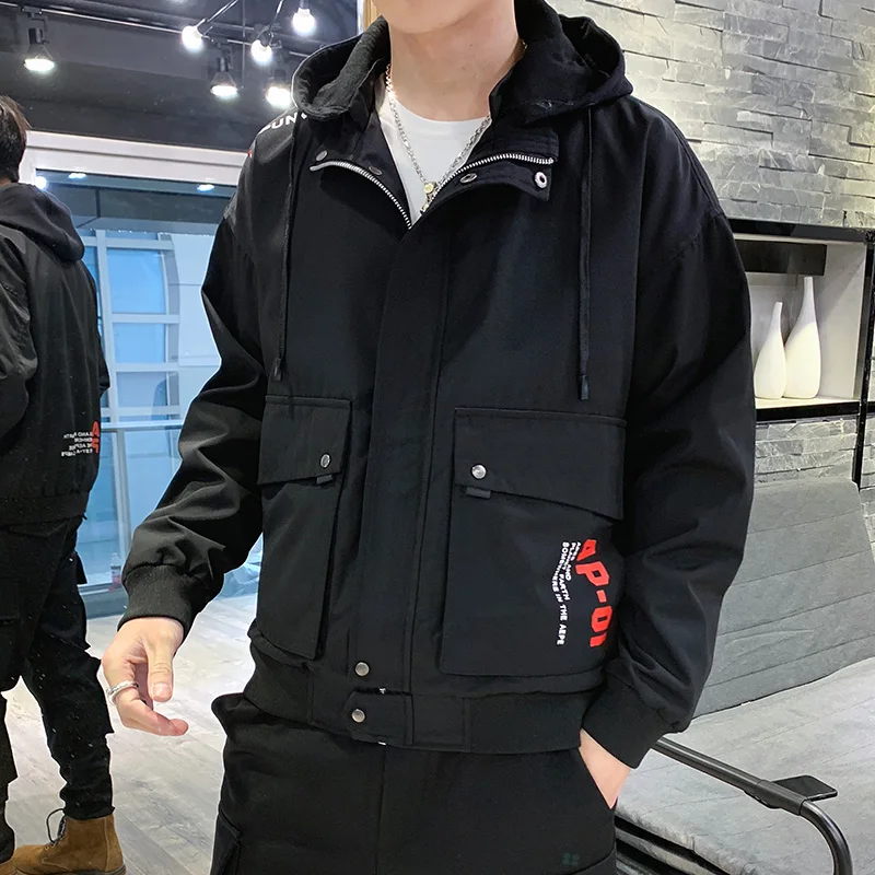 Mens Jackets Autumn Red Hip Hop Streetwear Big Pocket Bomber Male Jacket Windbreaker Hooded Fashion Outwear Coat Casual | Мужская одежда
