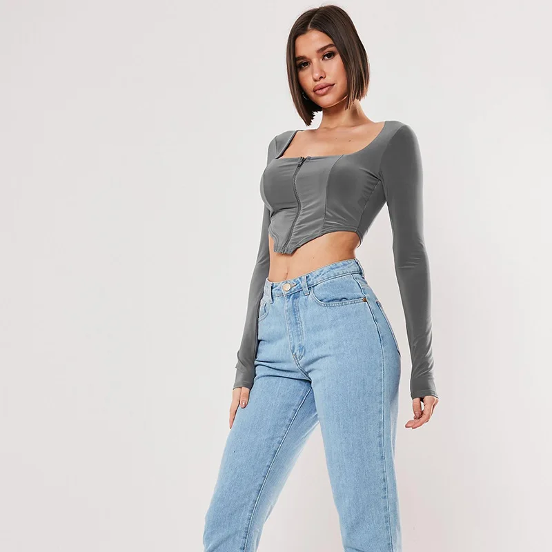 Women Long Sleeve Slim Tight Short T Shirt with Zipper Harajuku T-shirt Autumn Solid Color Square Collar Sexy Crop Top Tee L0327 | Женская