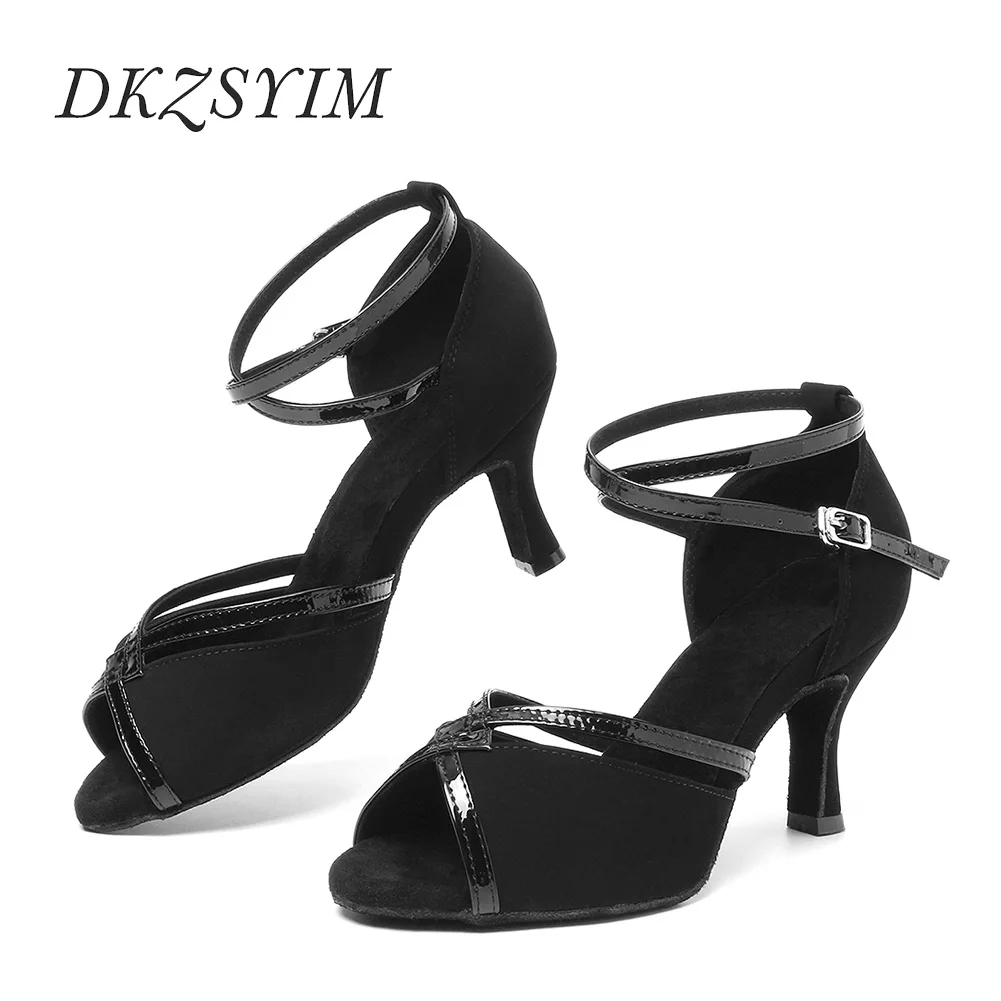 

DKZSYIM Black Latin Dance Shoes Women/Ladies Ballroom Dancing Tango/Salsa Shoes Suede Soles Soft Dance Sandals 3-10CM High Heels