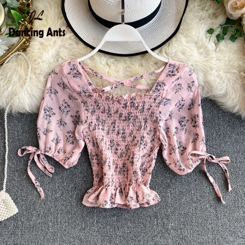 Женская шифоновая рубашка с рукавами фонариками и квадратным воротником топ