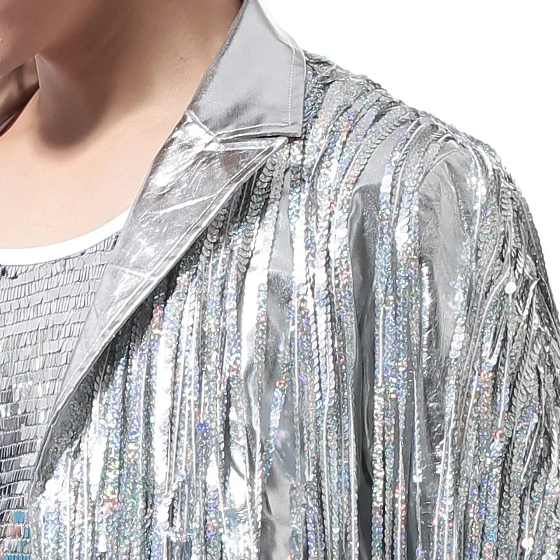 Сценические костюмы для певцов мужской серебряный пиджак с кисточками Рок Панк DJ