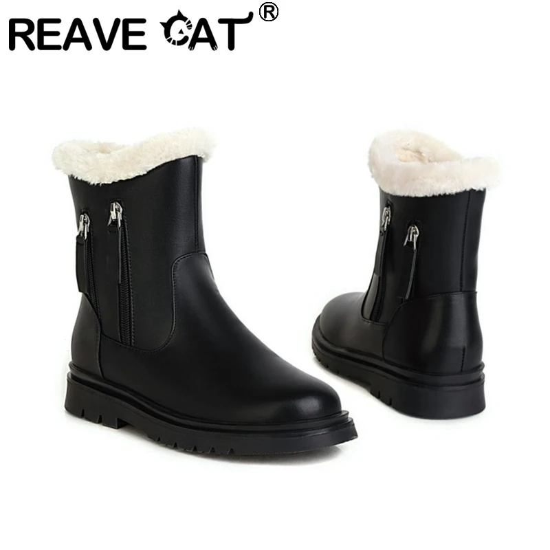 

Женские кожаные ботинки на платформе REAVE CAT, водонепроницаемые короткие сапоги размеров 26-39, черные теплые ботинки с длинным плюшем, модель F1388, 2021