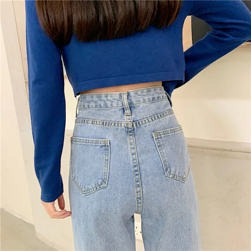 

Women High Waist Slim Jeans Lady Korea Wide Leg Straight Pants Oversized Cropped Denim Slacks Autumn Blue Loose Thin Trousers