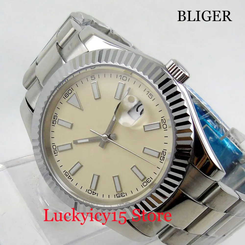 

Роскошные 40 мм стерильный циферблат Автоматические Мужские часы с ремешком из нержавеющей стали Дата Лупа сапфировое стекло