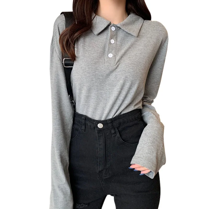 

Весенняя женская Свободная футболка в Корейском стиле, Топ с длинным рукавом, Однотонная футболка, топы