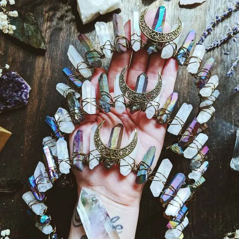 

Boho Vintage Witch Tiara Faux Raw Crystal Headband Alloy Moon Angel Aura Crown 40JF