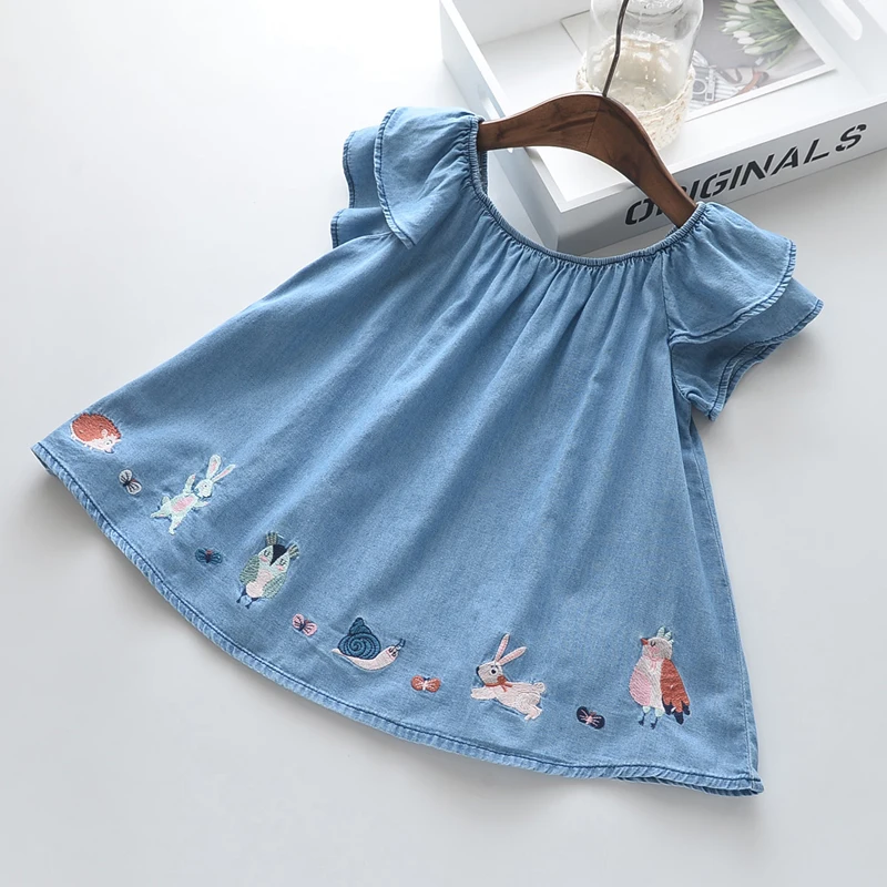 Girl Tops Dresses Children's Clothing Girls Princess Embroidery Cartoon Animal Cowboy Round Neck Doll Denim Dress | Детская одежда