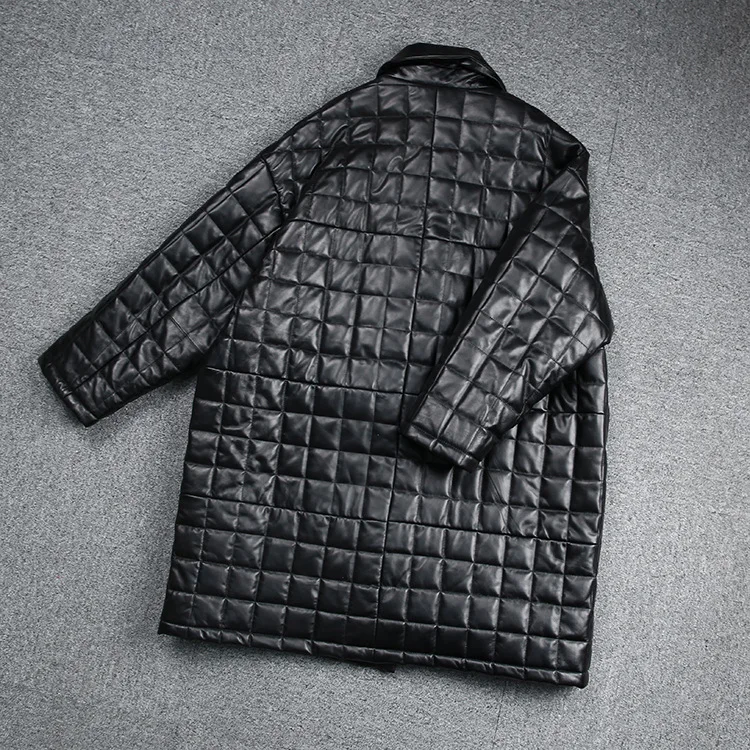 Spring Autumn Korean Style Women's High Quality Sheepskin Pocket Overcoat Chic Genuine Leather Plaid Loose Quilting Jackets F056