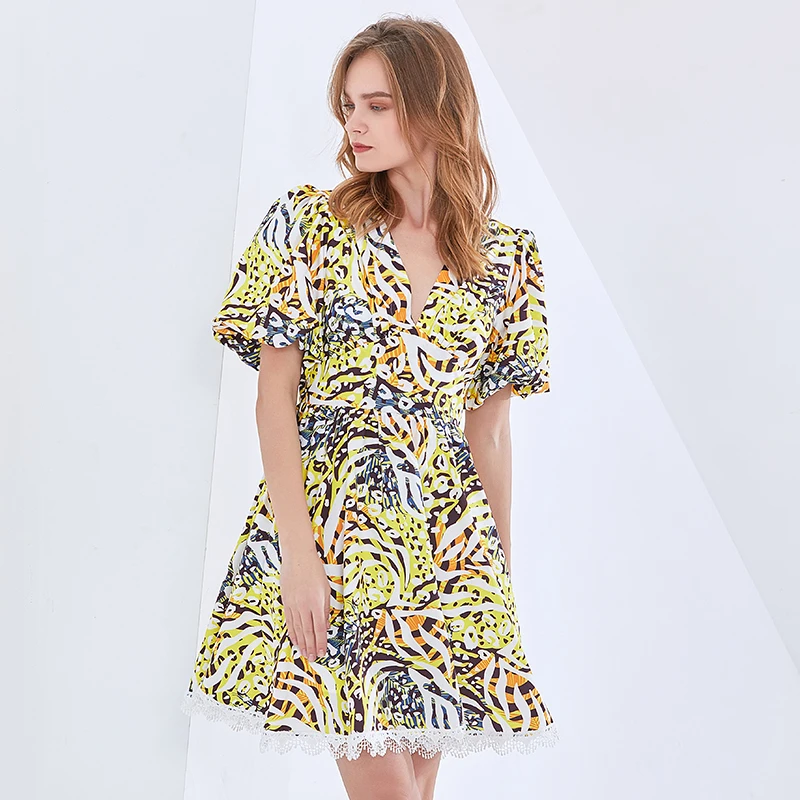 

Print Spring Dresses For Women V Neck Puff Sleeve High Waist Female Hit Color Dress Fashion New Clothing Tide