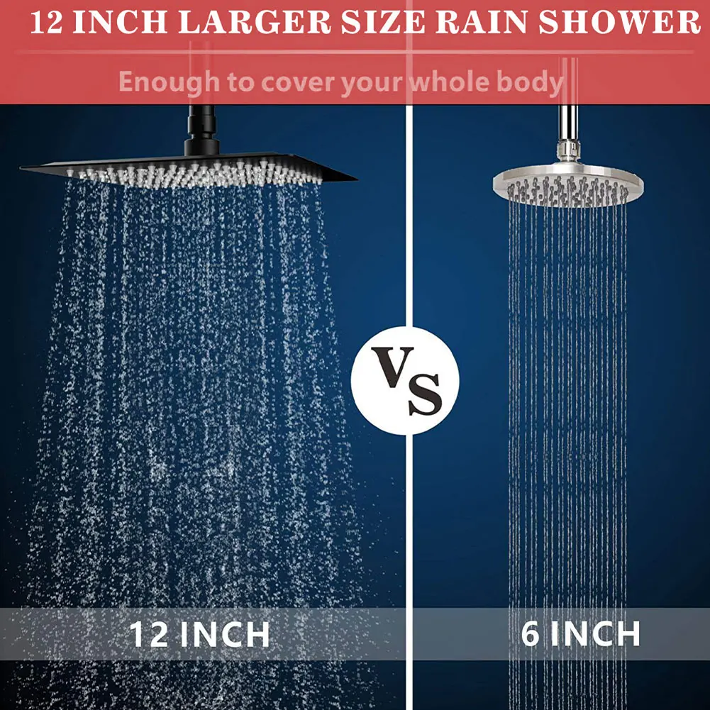 

12 Inch Stainless steel Black Bathroom Ultrathin 2 mm Rain Shower Head Wall & Ceiling Square Rainfall Shower head Shower Mixer