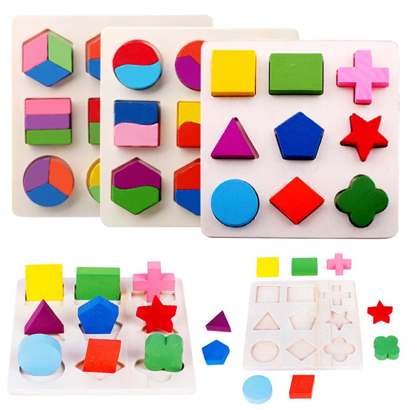Kids Wooden Puzzle Toy Early Geometry Educational 3D Jigsaw Puzzle Cognitive Plate Gifts For Baby Toddler Sorting Stacking Toys