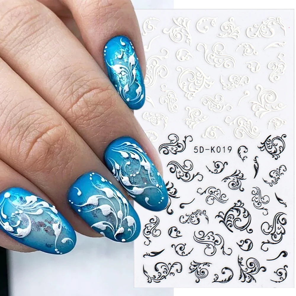 

5D Nail Sticker Lace White Flowers Embossed Slider Wedding Nail Art Design Rose Leaf Decals French Manicure Decoration GL5D-K019