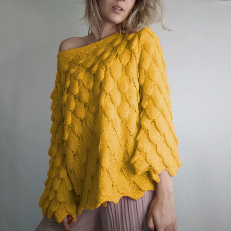 

Women's Feather Knit Sweater One-neck Off-the-shoulder Sweater Autumn and Winter