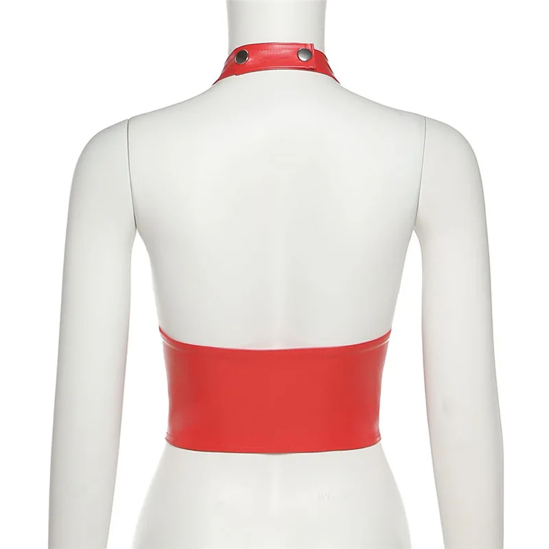 

Cyber Y2k PU Leather Crop Top Women Lace Up Bandage Backless Halter Top Sexy Clubwear Summer 2021 Red Black C71-BG10