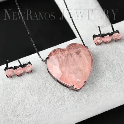 Pink Set 1 Newranos набор ювелирных изделий с сердечком, натуральный камень, ожерелье, серьги, набор модных ювелирных изделий для женщин, модные ювелирные изделия PFX001142 - Окраска металла: Pink Set 1