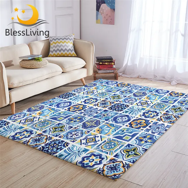 BlessLiving Watercolor Carpets for Living Room Mediterranean Ceramics Large Mat Geometric Squares Area Rug Mandala Floral Tapis 1