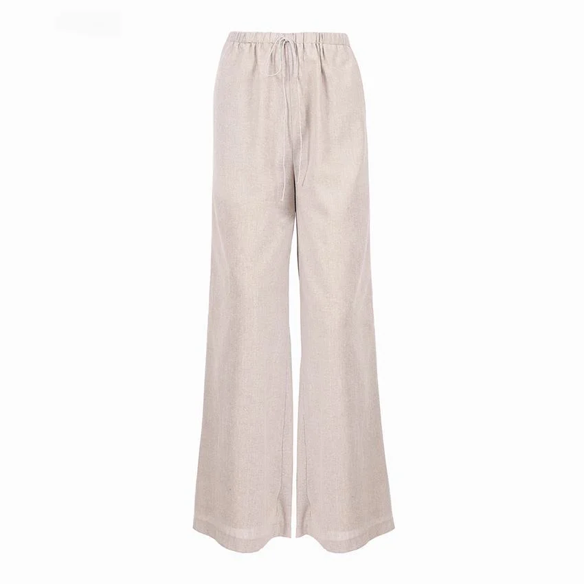 

Ladies Drawstring Cotton Linen Trousers Women Casual Suit Office V-neck Puff Sleeve Shirt Backless Wide-leg Pantalon Plus Size