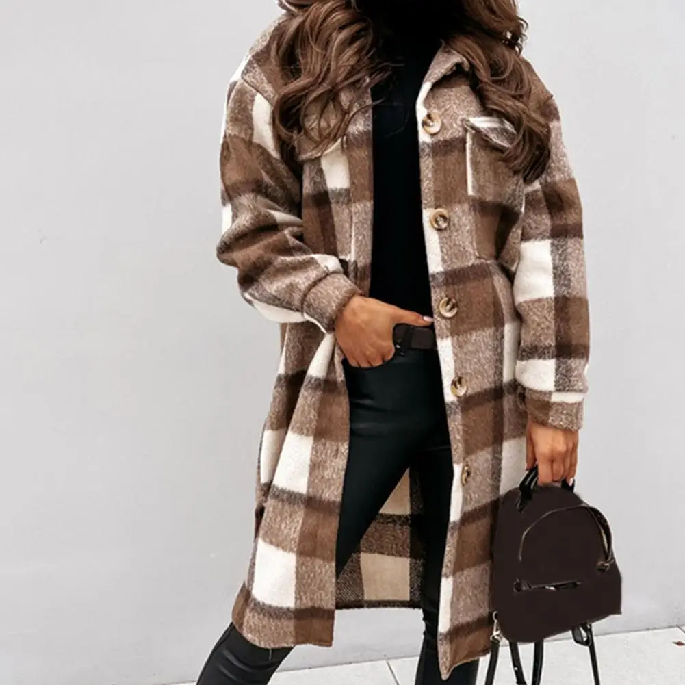 

Turn-Down Collar Women Coat Long Sleeve Autumn Winter Plaid Print Flap Pockets Woolen Coat Outerwear for Date Daily Wear