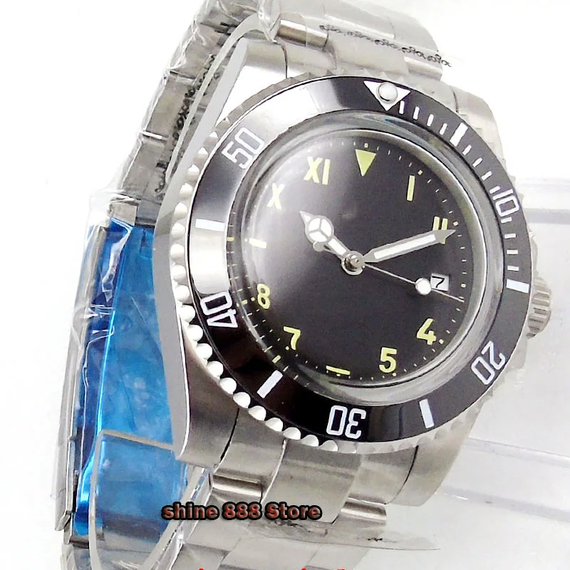 

BLIGER no logo automatic men's watch date stainless steel strap black dial round black ceramic bezel wristwatch